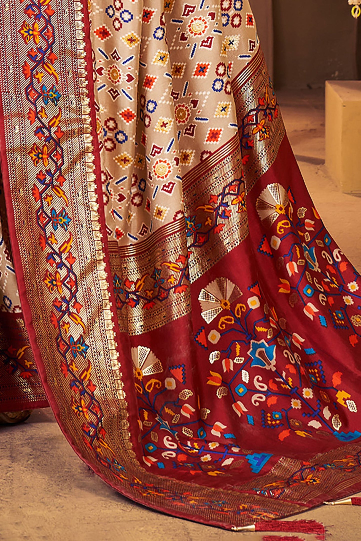Elegant Cream and Maroon Patola Silk with Traditional Print Saree