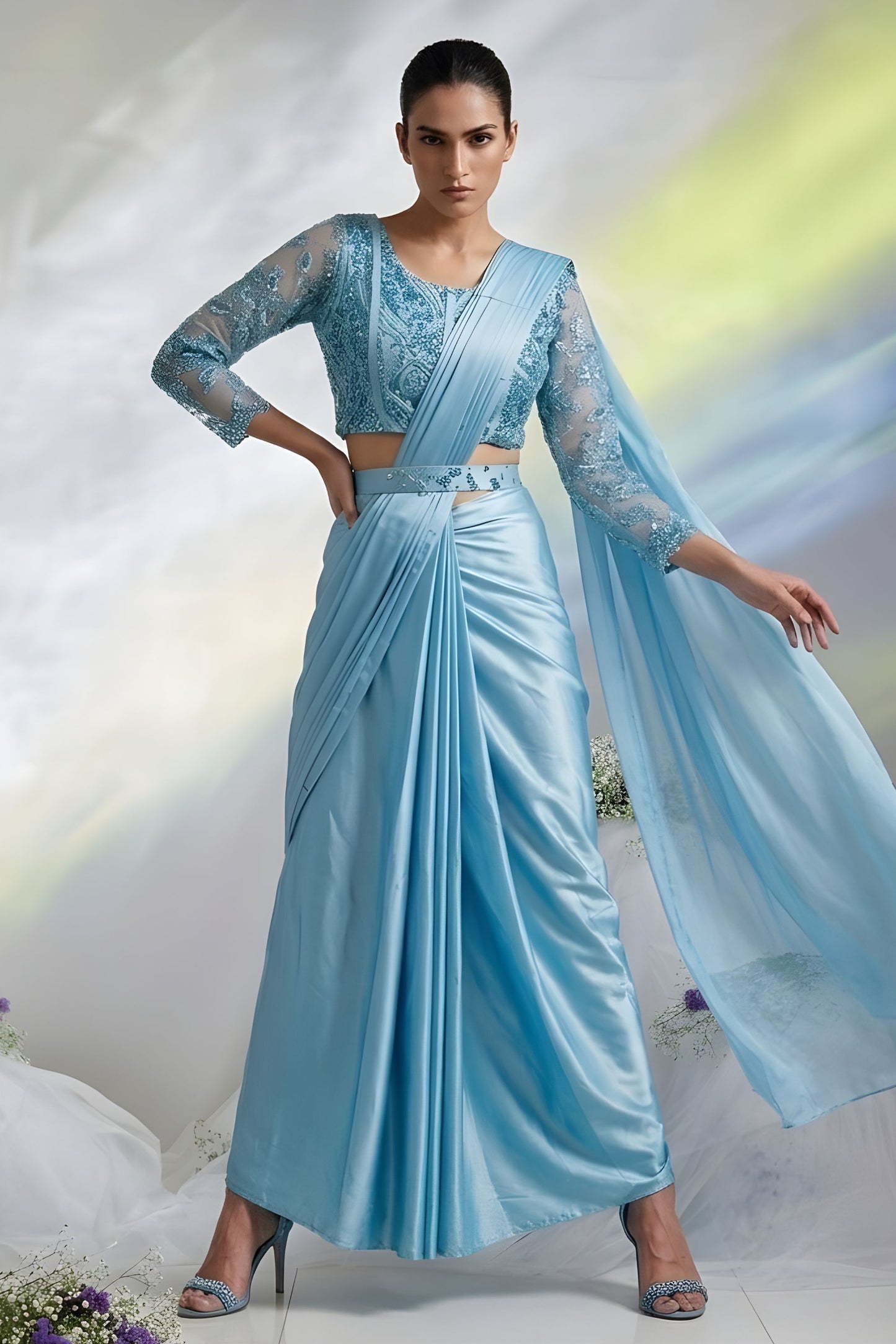 Sky Blue Ready to Wear Designer Saree with Embroidered Blouse