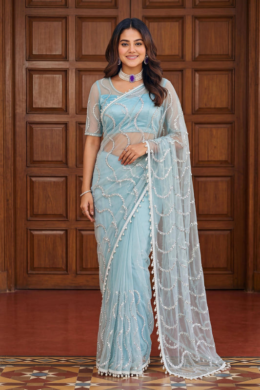 Sky Blue Sequins Embroidered Net Saree with Designer Blouse