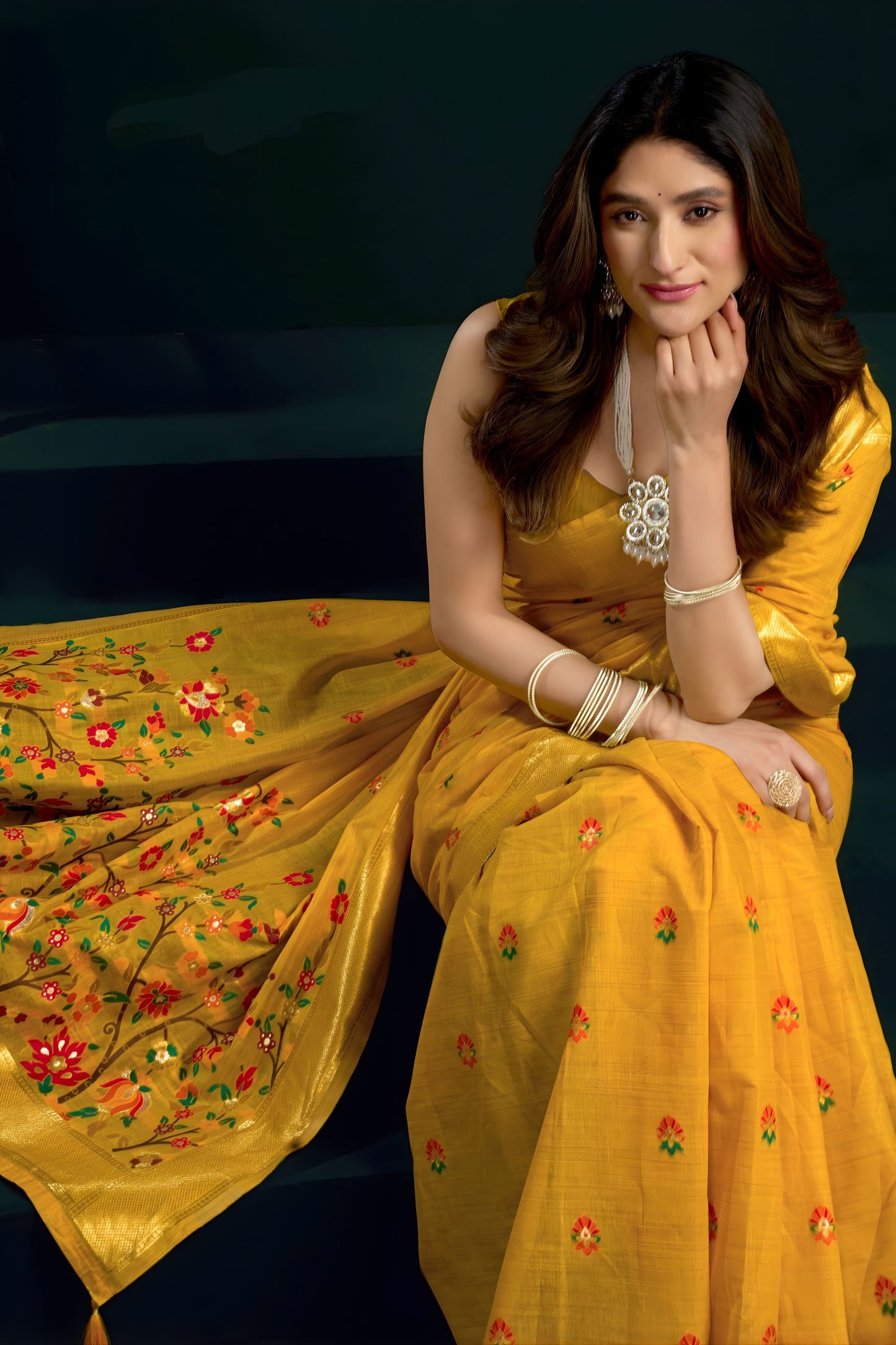 Mustard Yellow Soft Silk Saree with Floral Embroidery Gold Zari Border