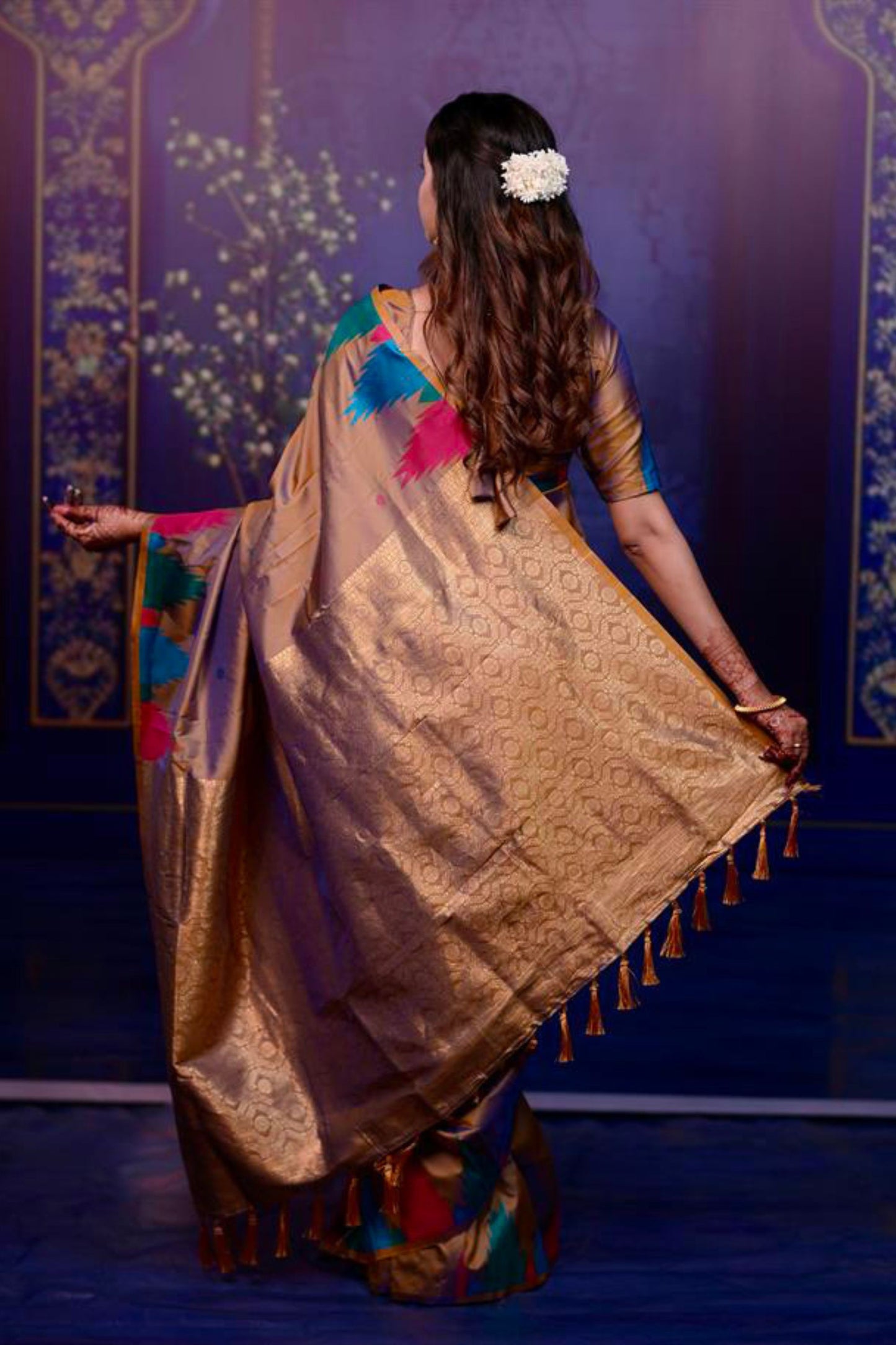 Golden Beige Soft Silk Saree with Multicolor Temple Border Design