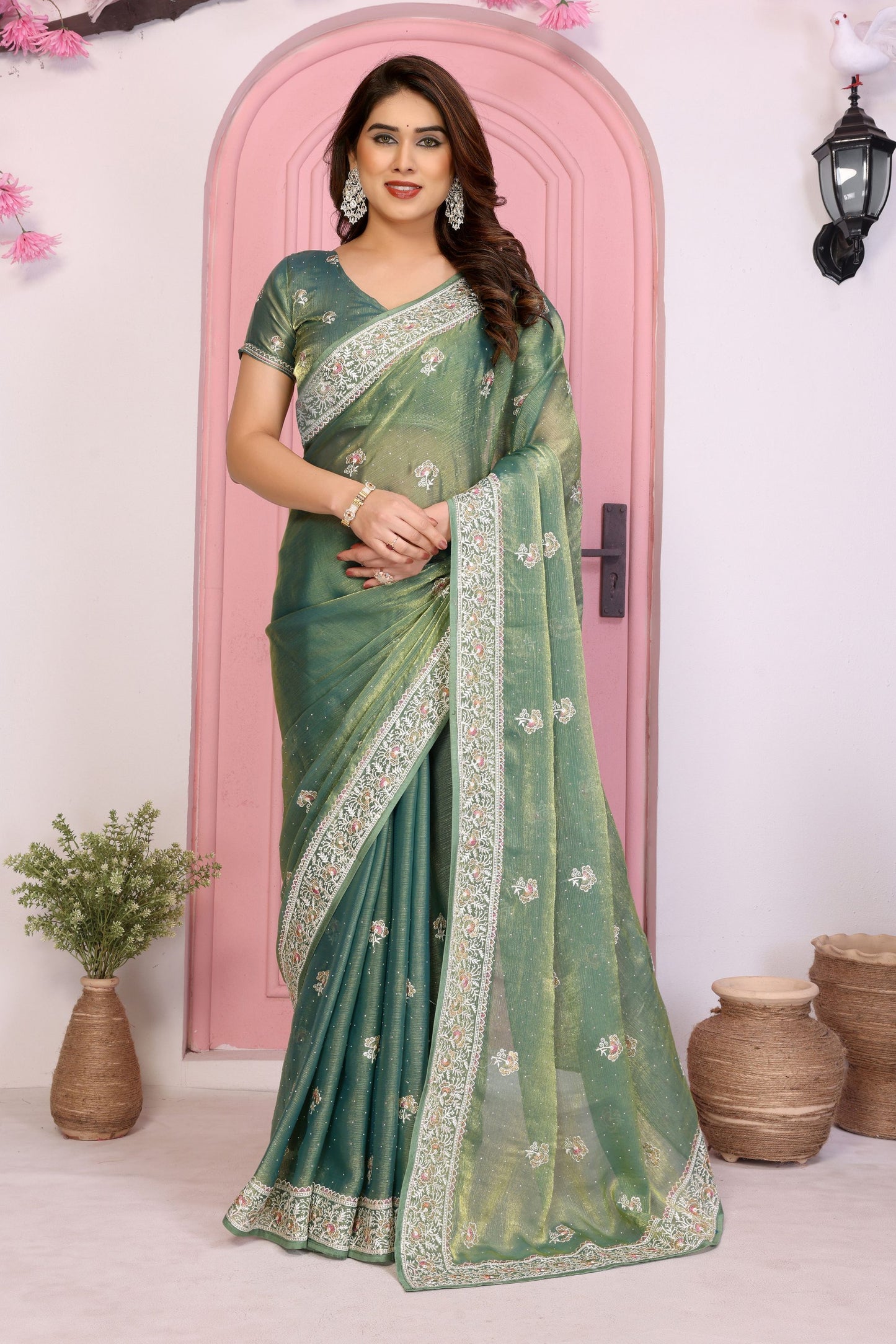 Designer Green Embroidered Saree with Blouse Party Wear