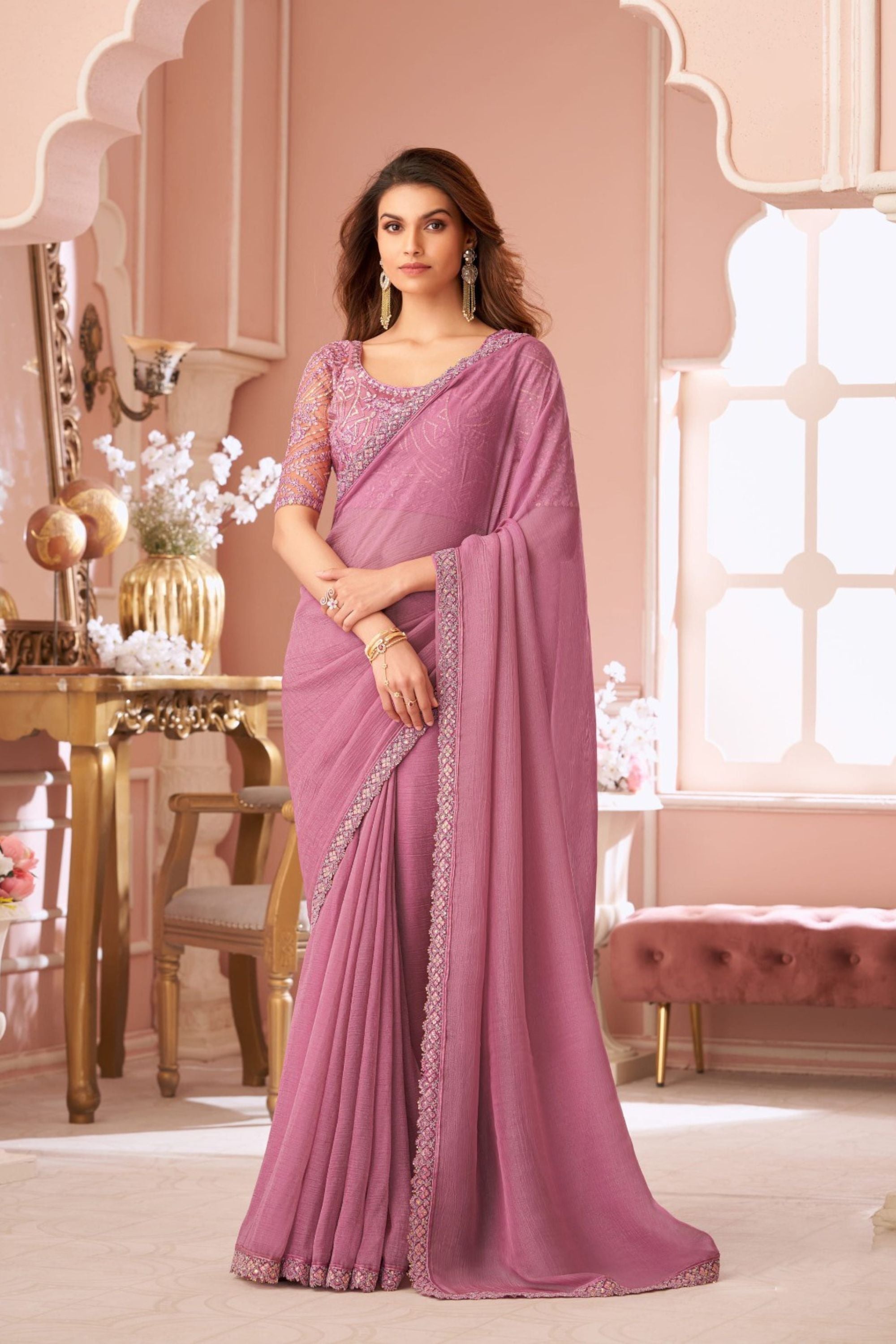 Elegant Lavender Georgette Saree Designer Party Wear