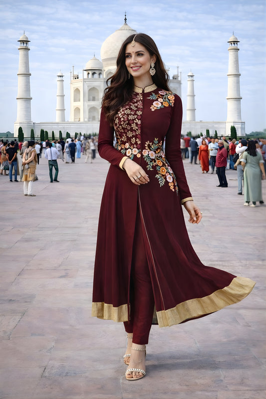 Elegant Maroon Floral Embroidered Georgette Anarkali Suit with Pants for Wedding