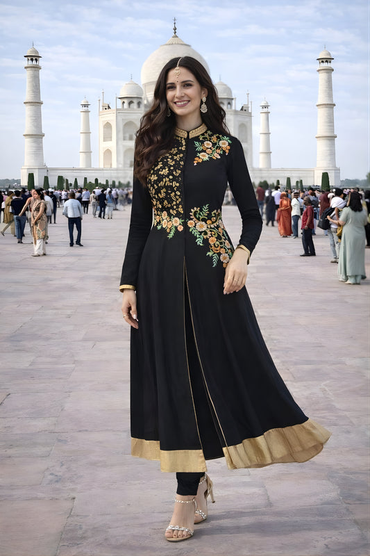 Glorious Black Embroidered Georgette Anarkali Suit with Pants for Wedding