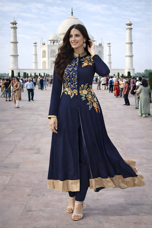 Latest Navy Blue Floral Embroidered Georgette Anarkali Suit with Pants for Wedding