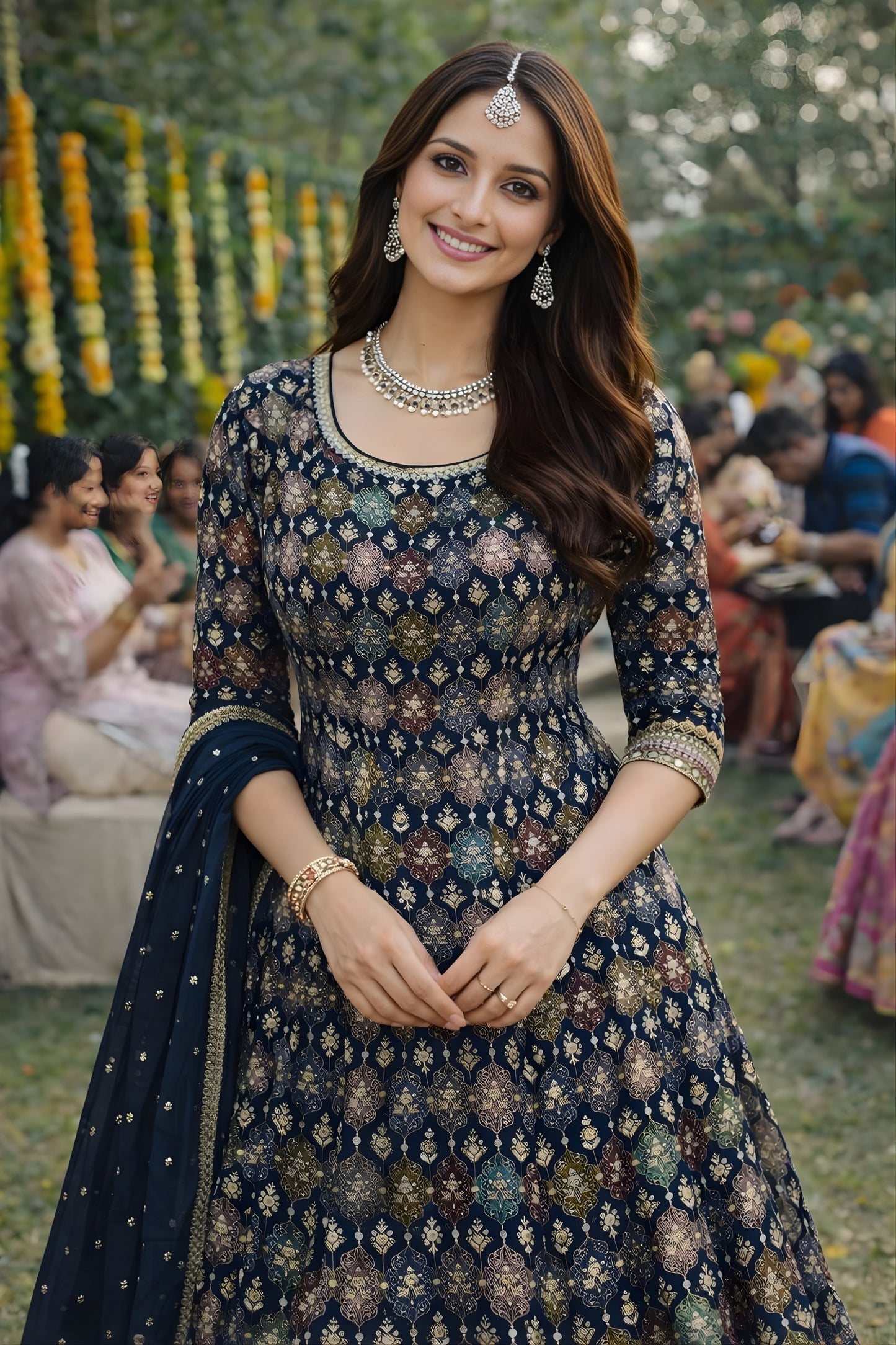 Perfect Navy Blue Embroidered Georgette Anarkali Suit with Dupatta for Wedding