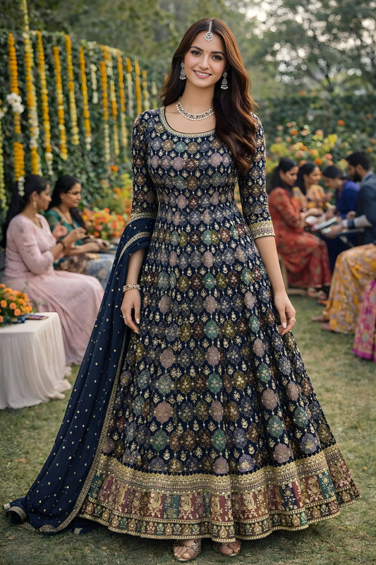 Perfect Navy Blue Embroidered Georgette Anarkali Suit with Dupatta for Wedding