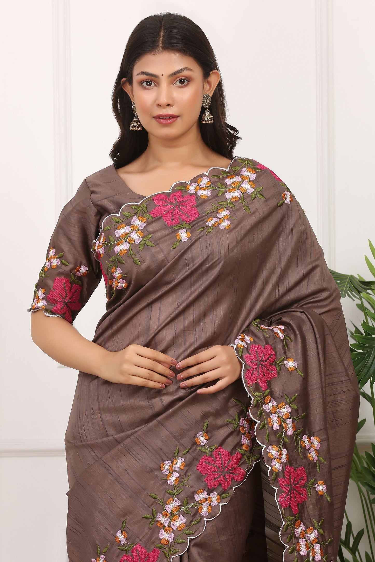 Brown Silk Saree with Floral Embroidery Border Designer Blouse