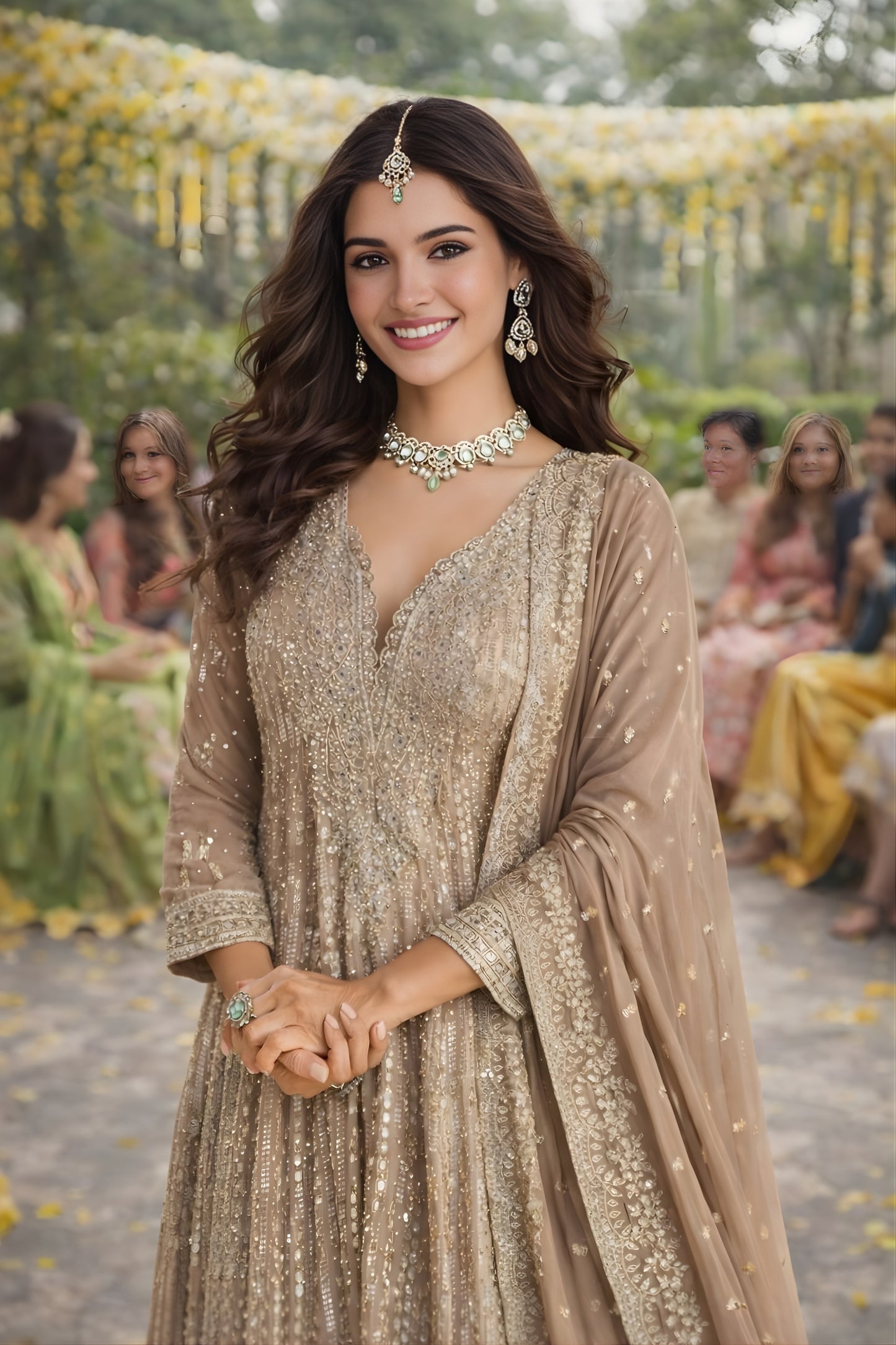 Excellent Beige Embroidered Georgette Anarkali Suit with Dupatta for Wedding