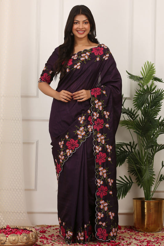 Wine Purple Silk Saree Floral Embroidery Border Designer Blouse
