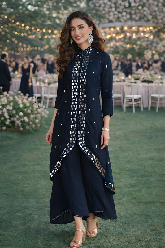 Stylish Navy Blue Silk Mirror Work Readymade Palazzo Suit for Wedding