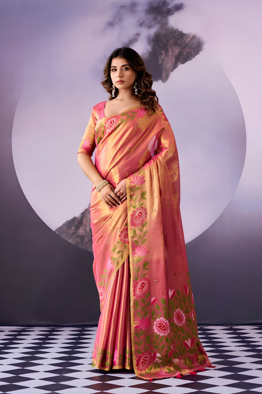 Radiant Peach Pink Tissue Silk Saree Multicolor Floral Printed Work for Women