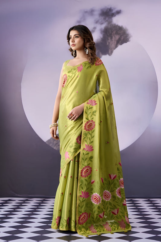 Vibrant Lime Green Tissue Silk Saree Multicolor Floral Printed Work for Women