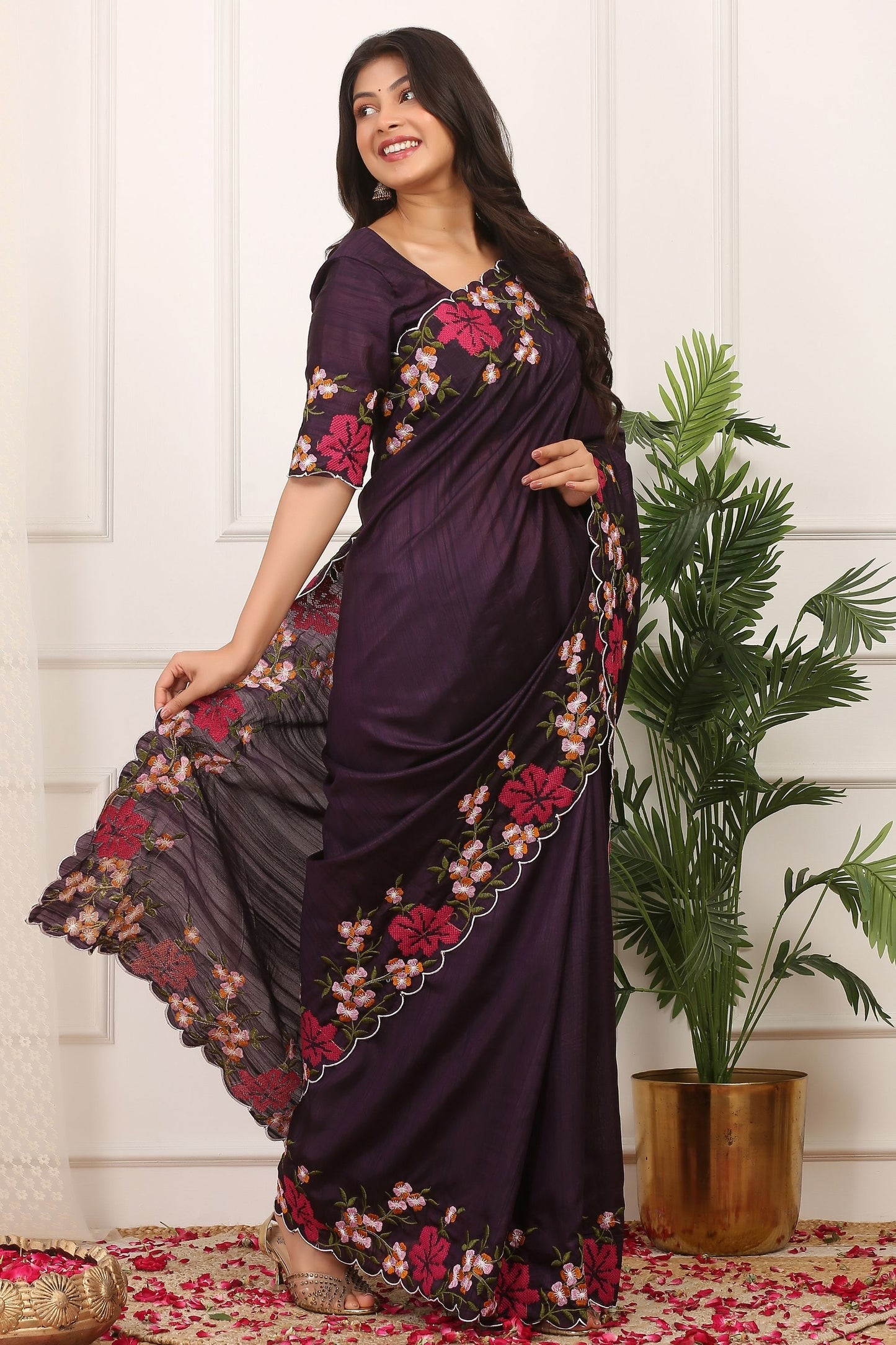 Wine Purple Silk Saree Floral Embroidery Border Designer Blouse