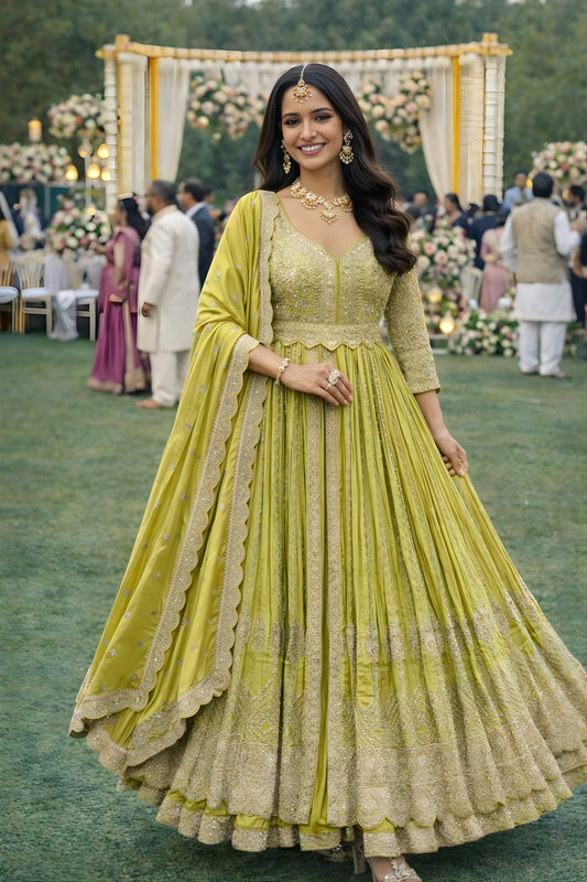 Stylish Lime Green Chinon Embroidered Party Wear Anarkali Suit with Dupatta