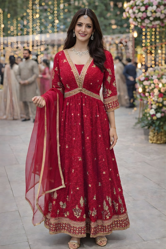 Lovely Red Georgette Embroidered Party Wear Gown with Dupatta for Women
