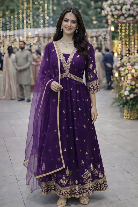 Trendy Purple Georgette Embroidered Party Wear Gown with Dupatta for Women