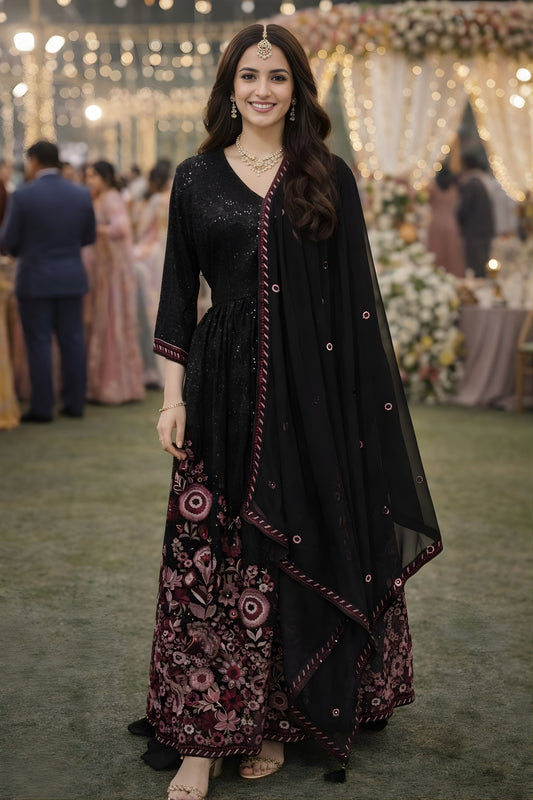 Amazing Black Georgette Embroidered Readymade Anarkali Suit with Dupatta for Women