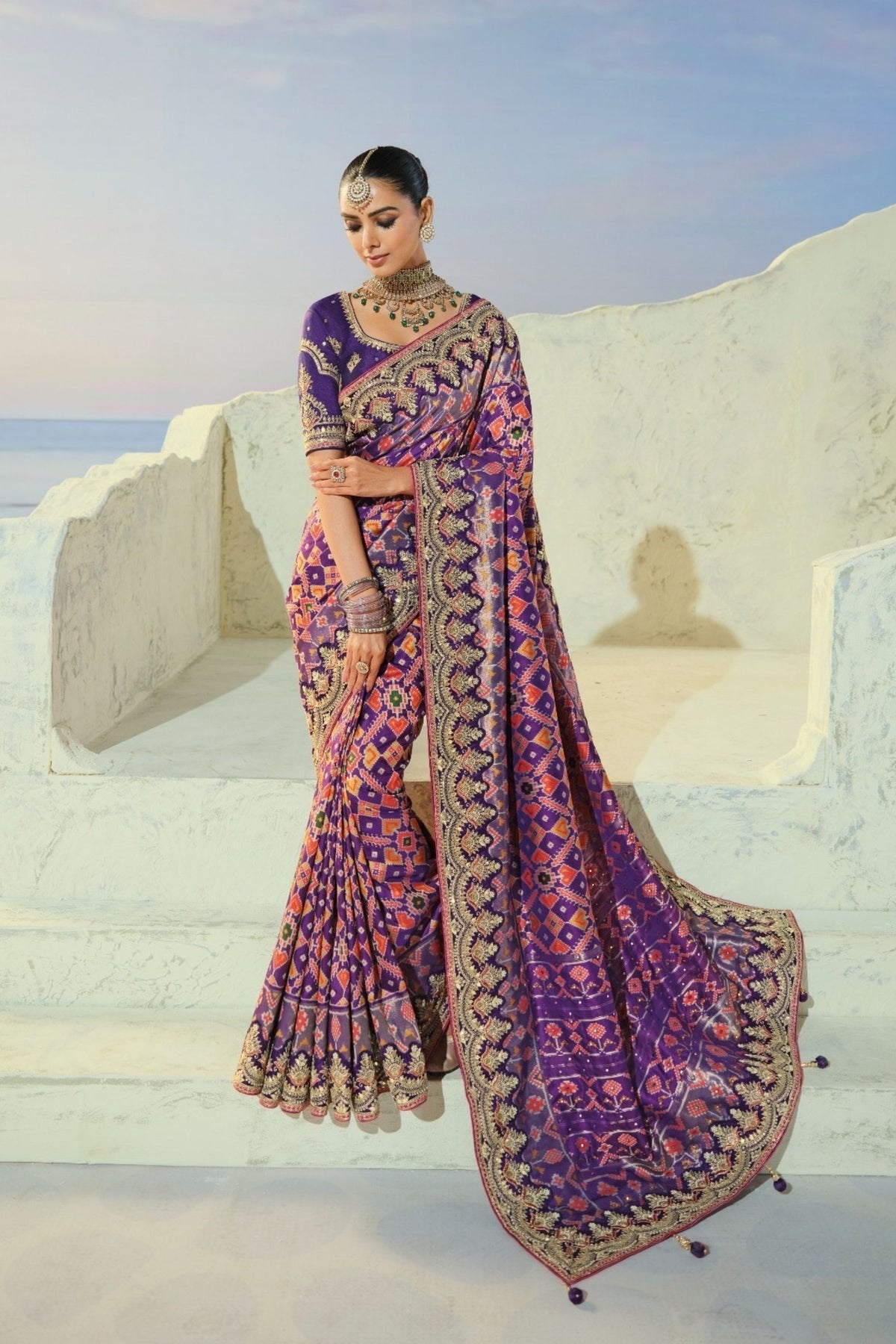 Royal Purple Pure Patola Silk Saree Mirror Moti & Cut-Dana Work for Women