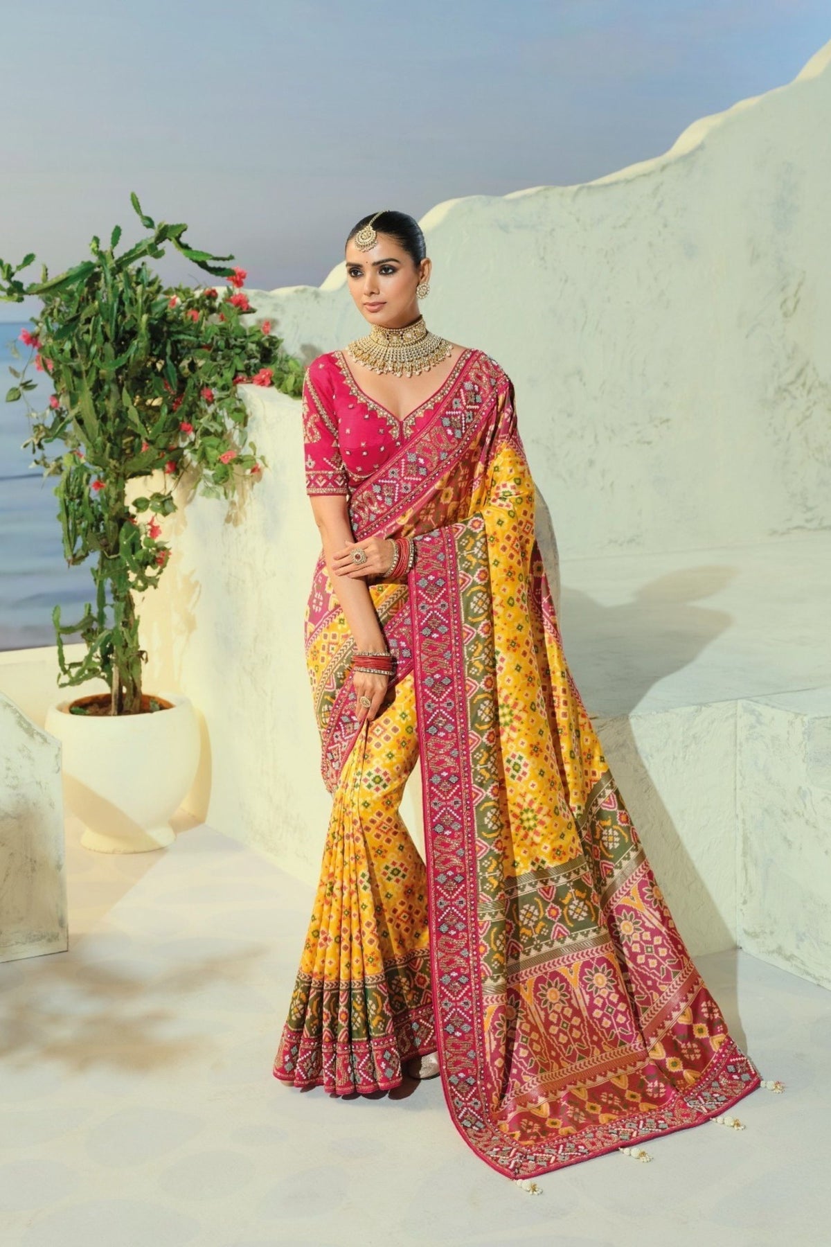 Stylish Yellow Pure Patola Silk Saree Mirror Moti Cut-Dana Work for Women