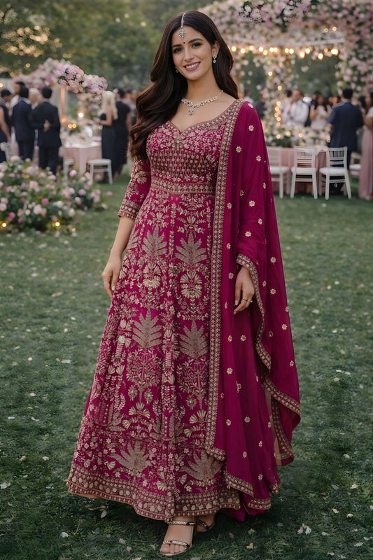 Stunning Dark Pink Georgette Embroidered Readymade Anarkali Suit with Dupatta for Women