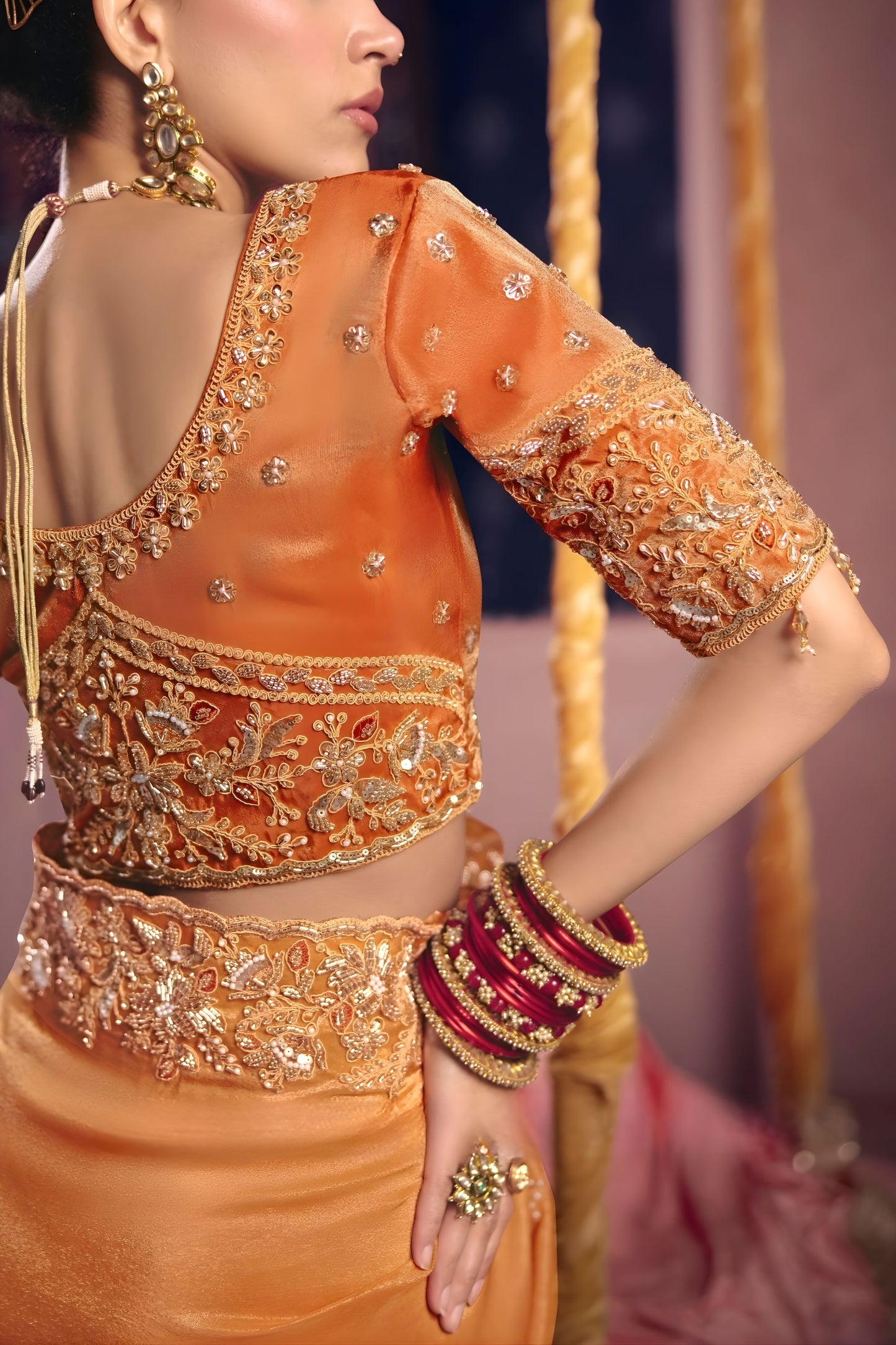 Mustard Orange Georgette Saree Heavy Zari Embroidery Designer Blouse