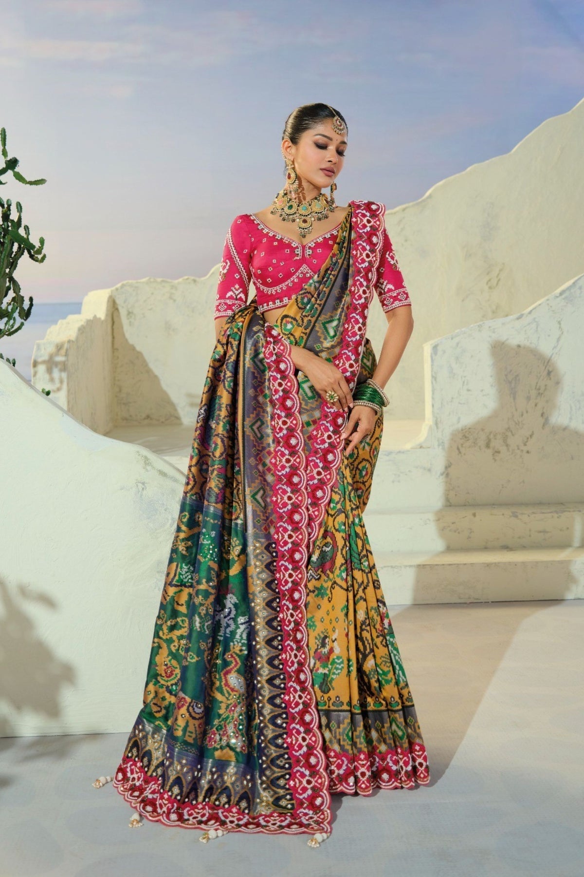 Magnificent Multicolor Pure Patola Silk Saree Mirror Moti Cut-Dana Work for Women
