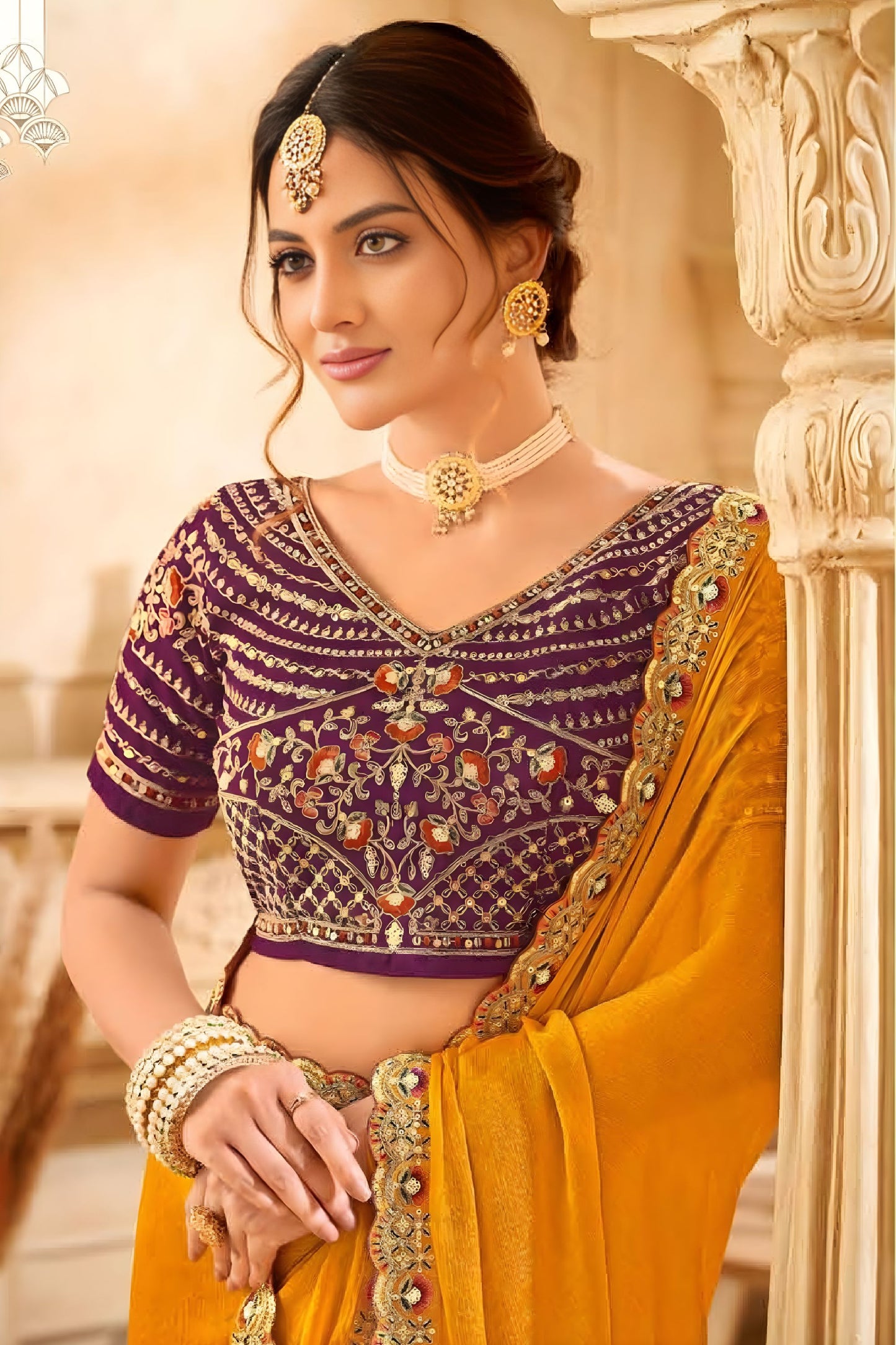 Mustard Yellow Silk Saree Heavy Embroidered Lace Border Purple Blouse