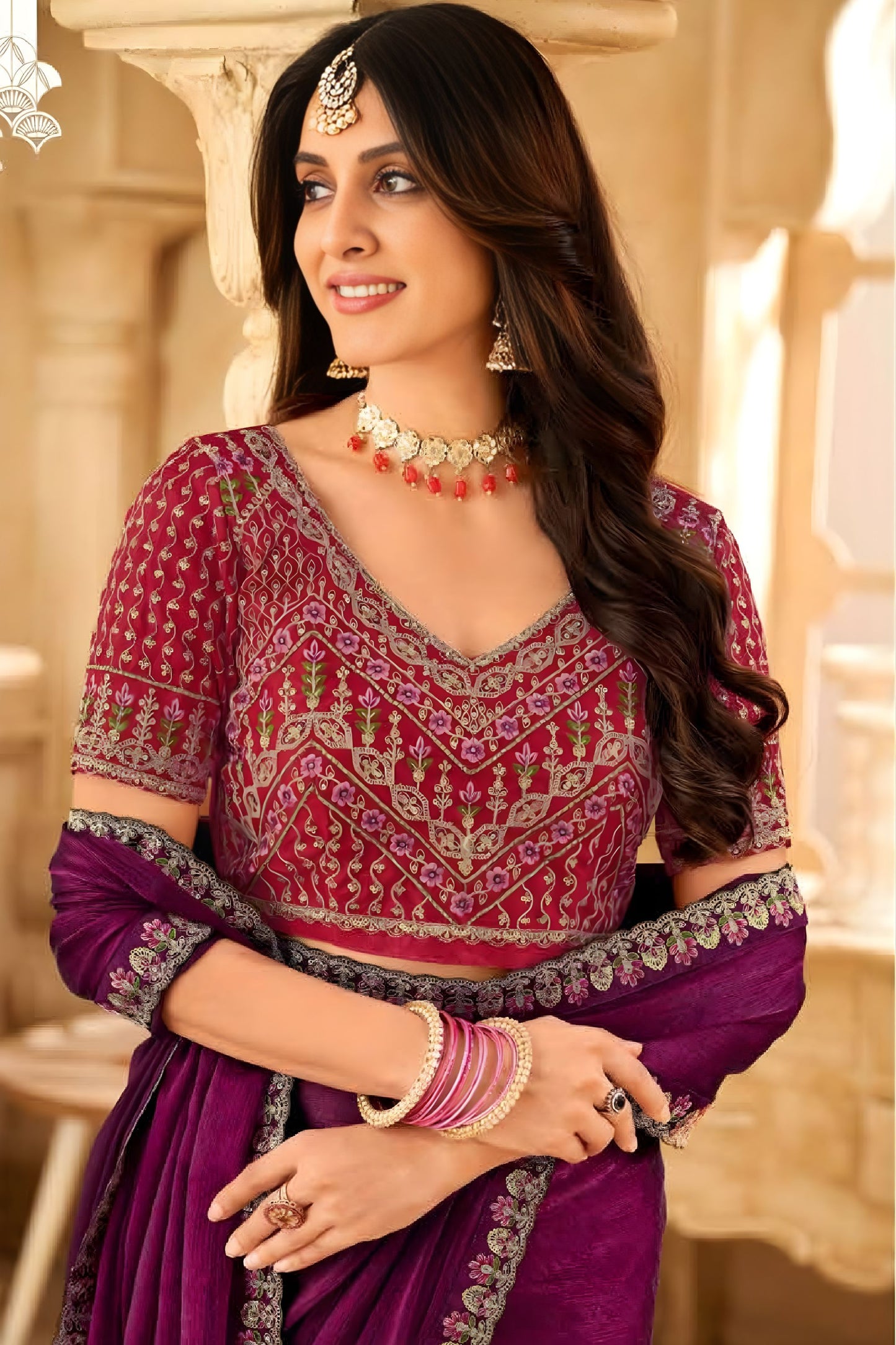 Purple Silk Saree with Embroidered Border Designer Blouse