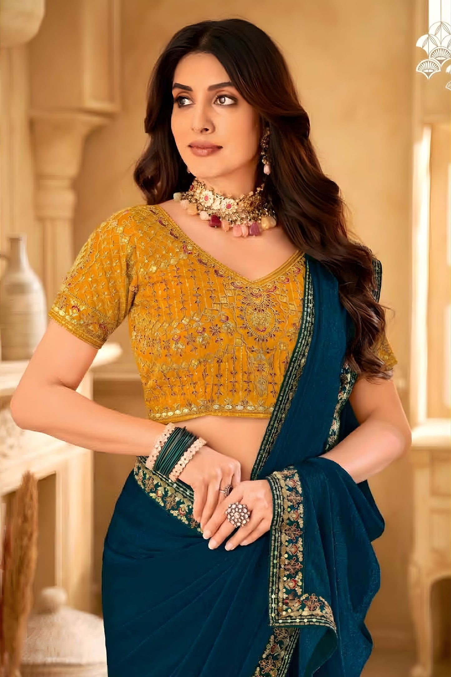 Teal Blue Georgette Saree Embroidered Border Mustard Designer Blouse