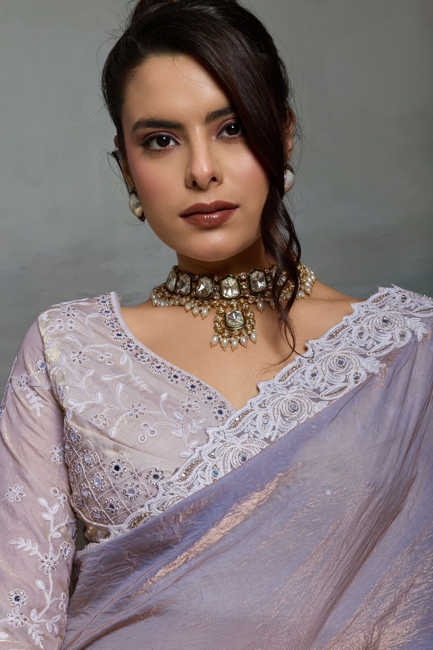 Designer Lavender Silk Saree with Floral Lace Border Party Wear