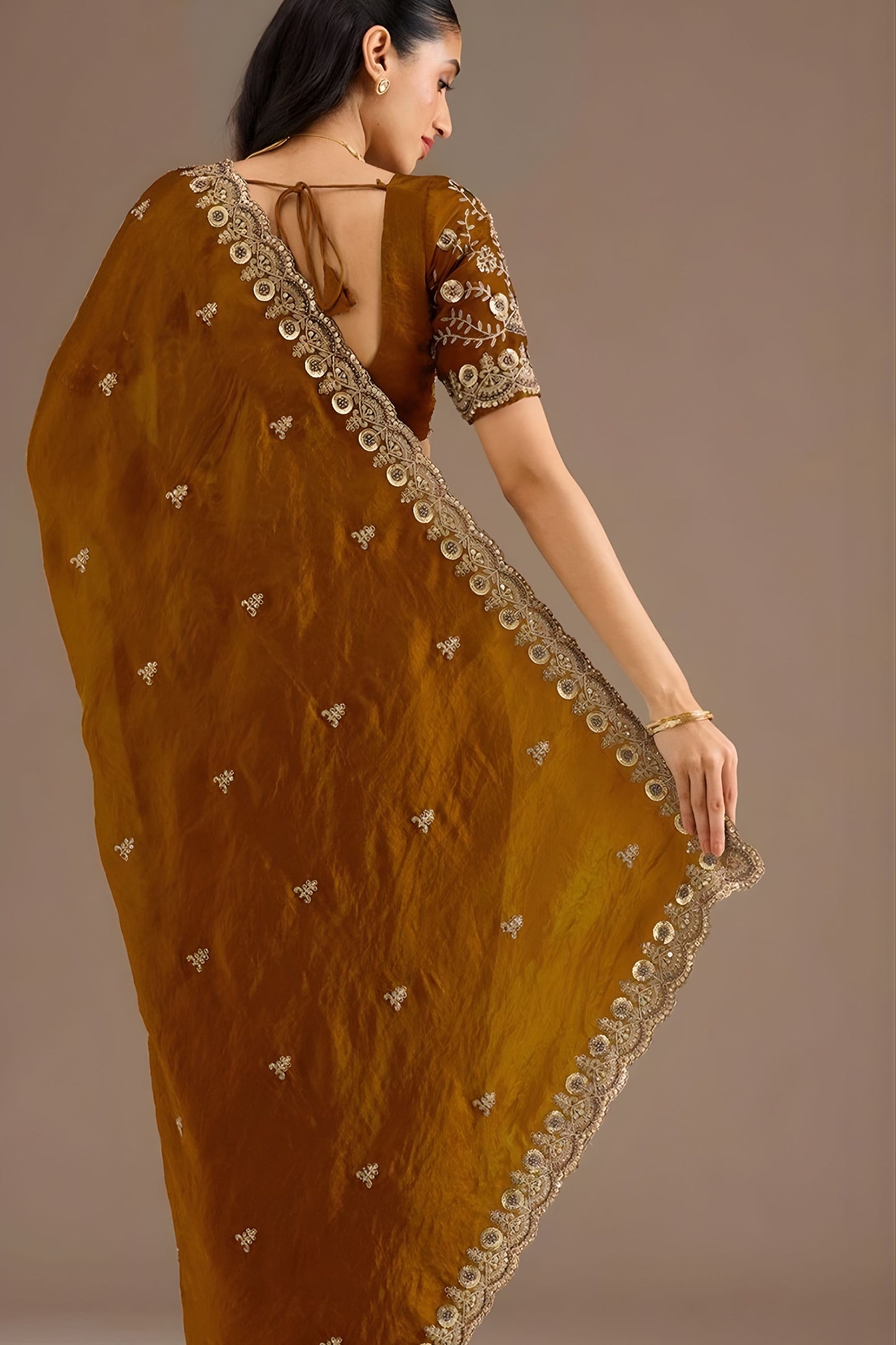 Brown Silk Saree with Heavy Embroidered Border Designer Blouse