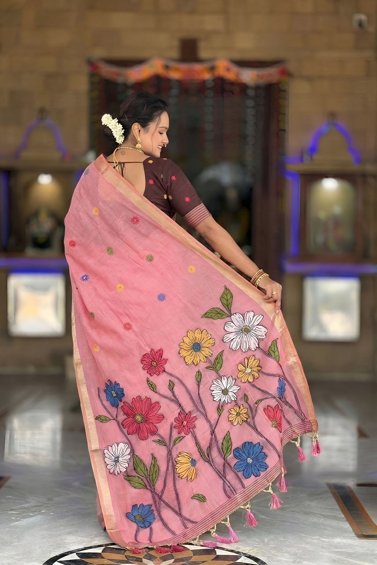Pink Linen Silk Saree with Multicolor Floral Print Woven Border