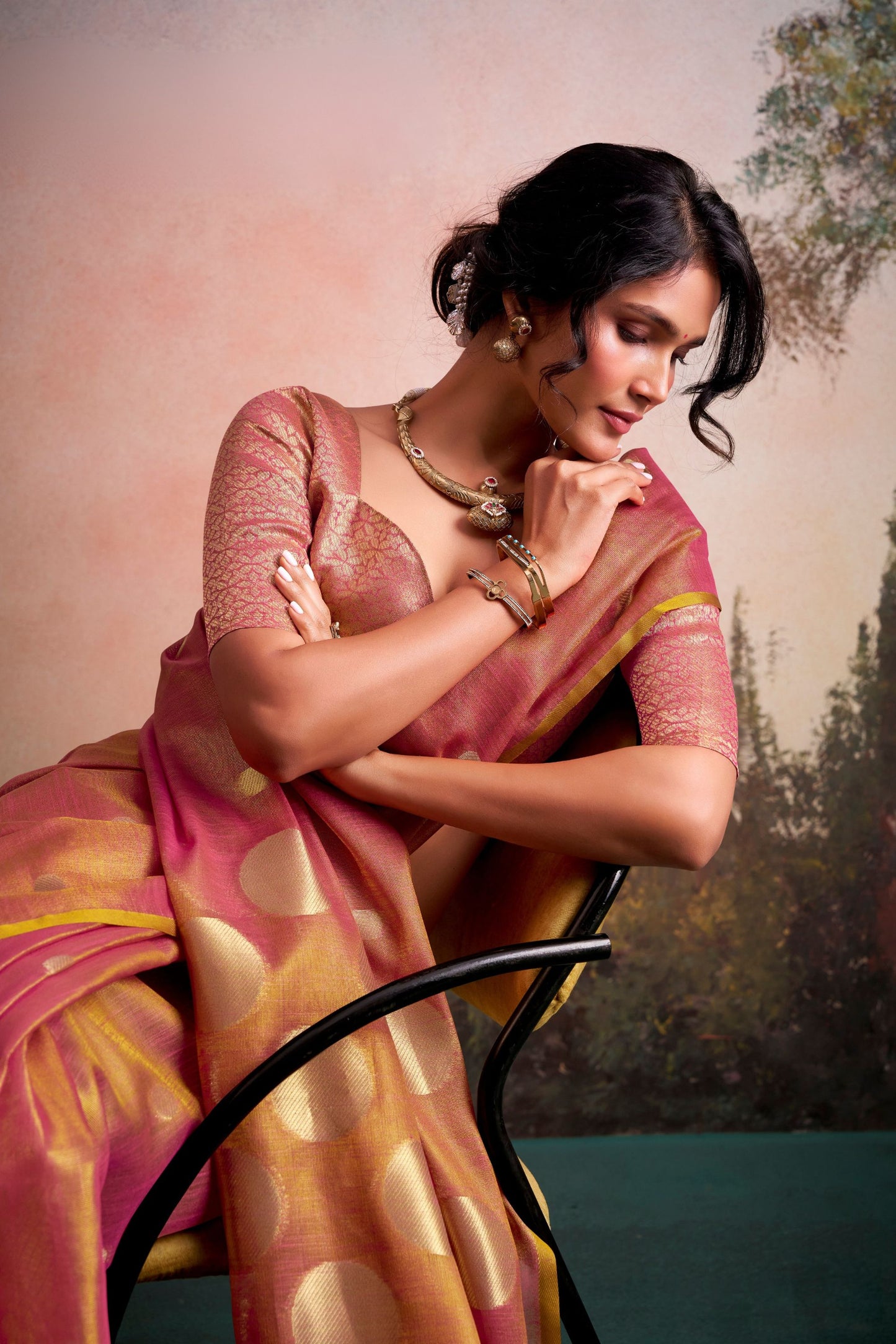Pink Golden Silk Saree with Zari Polka Dot Weaving Designer Saree