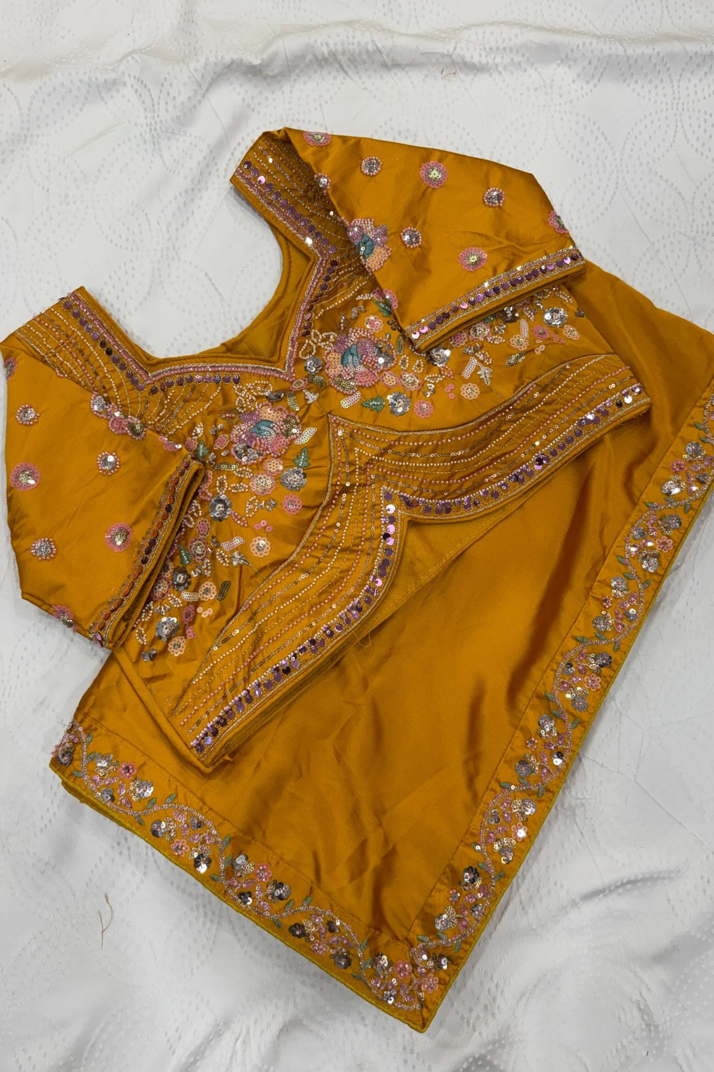 Mustard Yellow Georgette Saree Stone Embroidered Border Designer Blouse