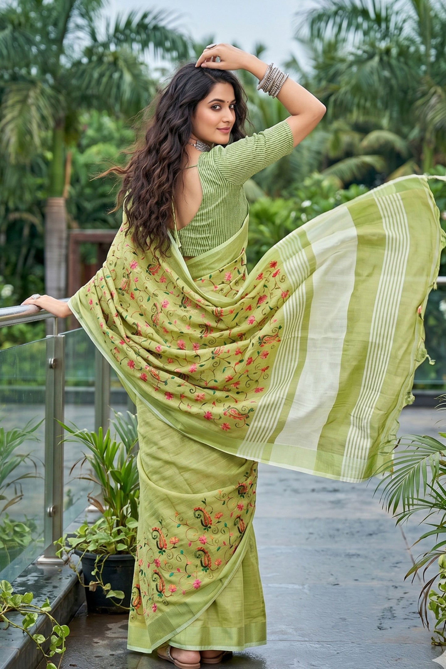 Pistachio Green Linen Cotton Saree Floral Paisley Embroidery Tassel Pallu