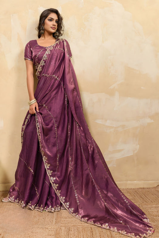 Wine Purple Silk Blend Saree Golden Zari Embroidery Designer Blouse