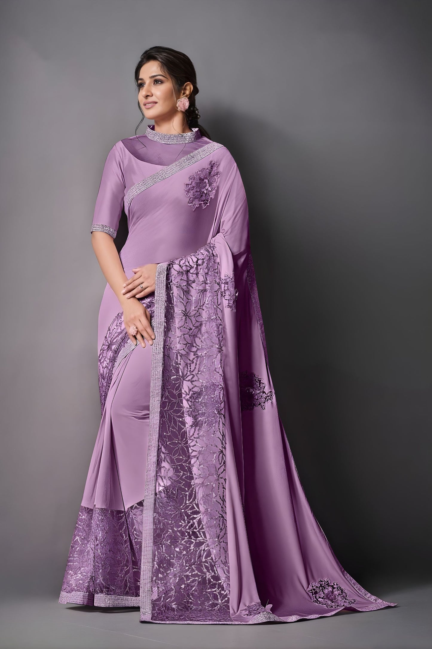 Lavender Embroidered Georgette Saree with Designer Blouse
