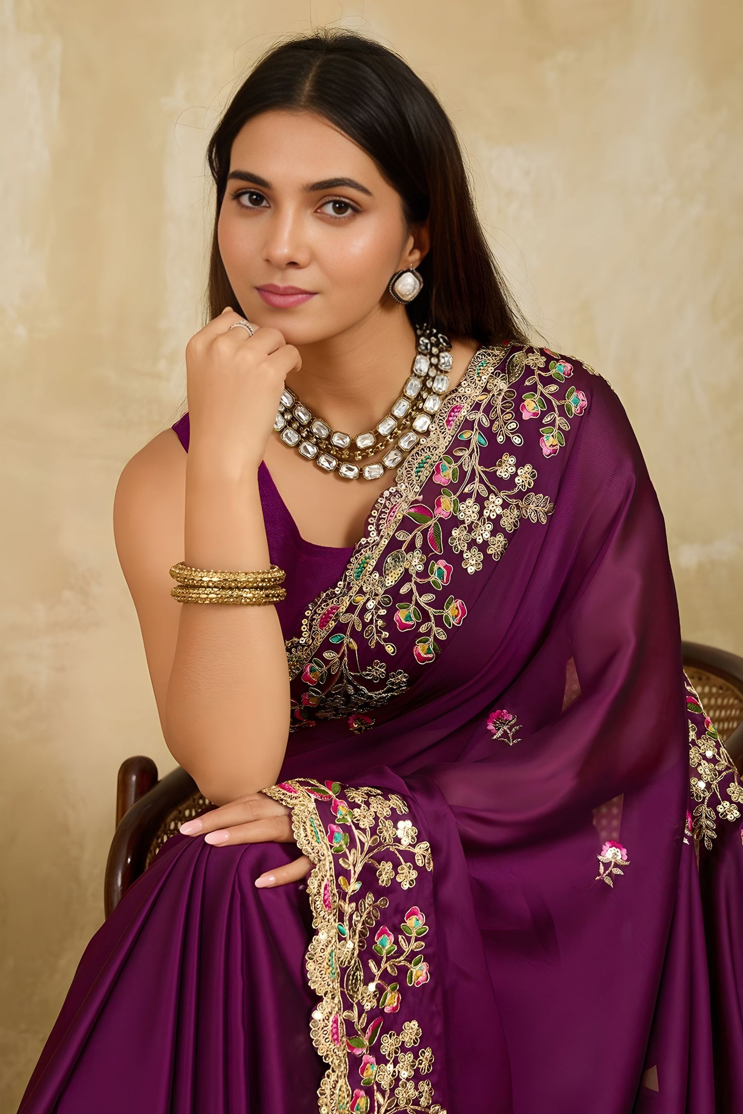 Deep Purple Embroidered Georgette Saree Heavy Floral Border Designer Blouse