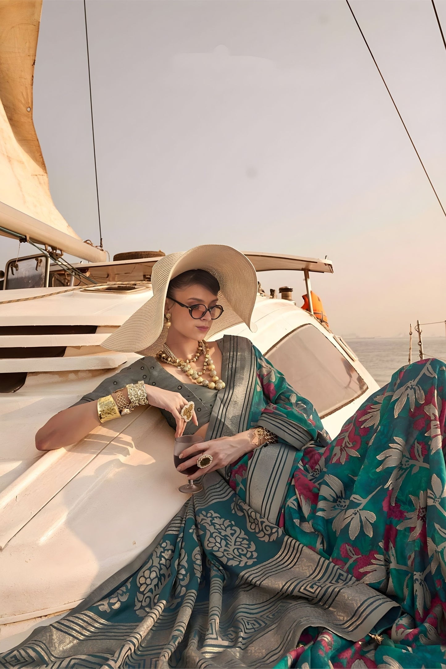Teal Green Floral Printed Silk Saree with Classic Designer Border