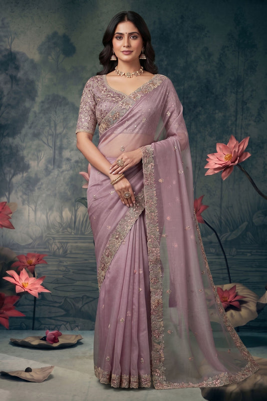 Lavender Pink Designer Saree with Embroidered Sequins Border