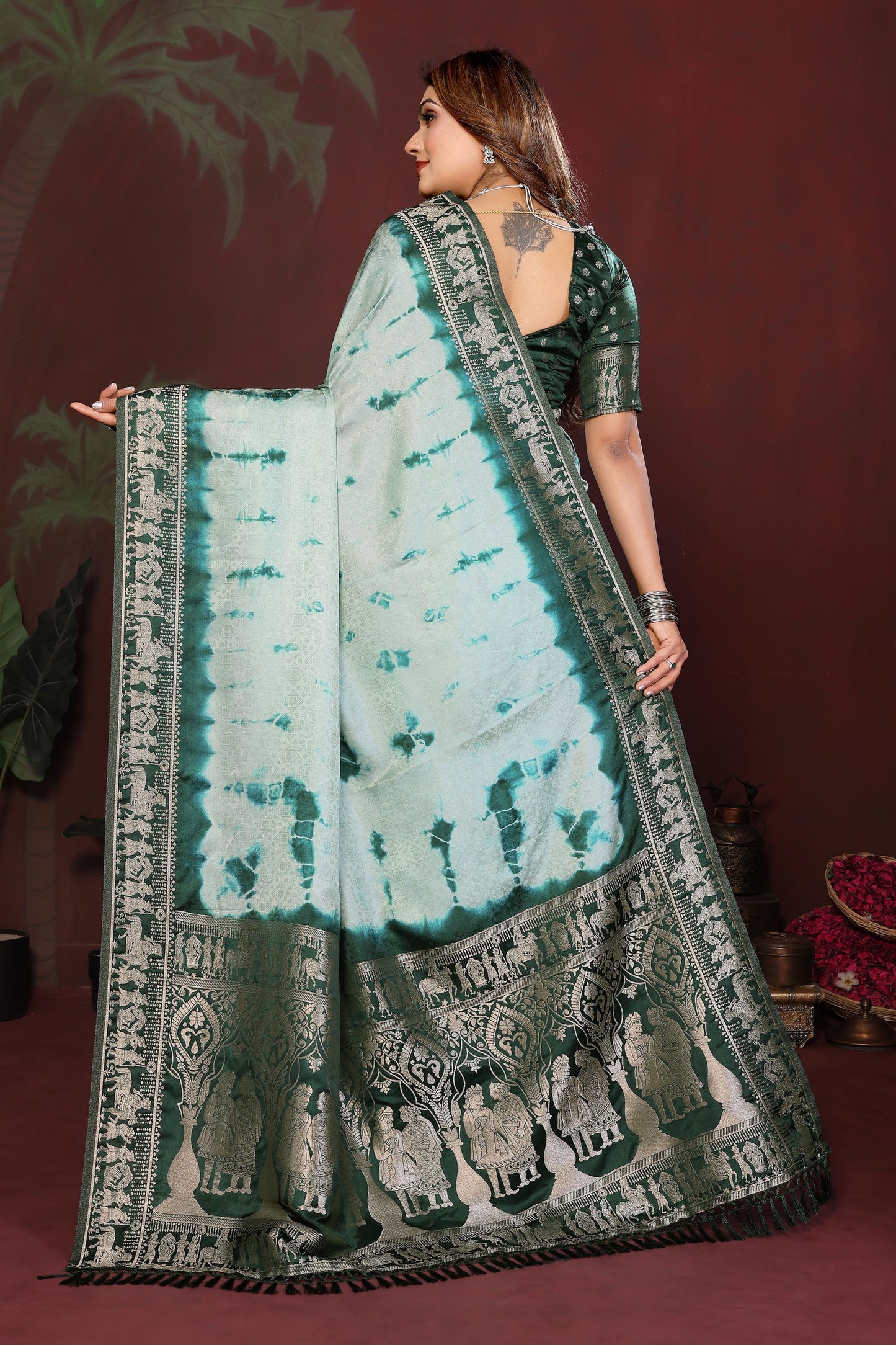 Sea Green Dark Green Tie-Dye Silk Saree with Silver Woven Border