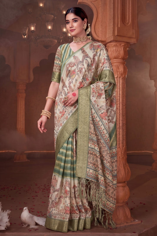 Traditional Cream and Olive Green Banarasi Silk Saree Artistic Printed Pallu