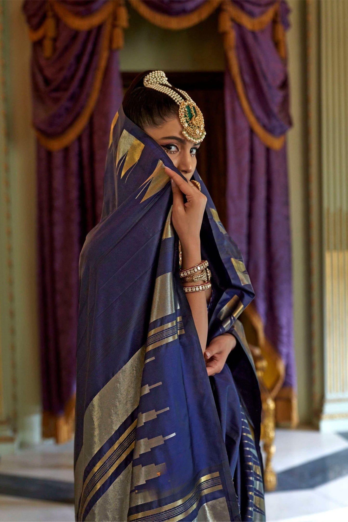 Royal Navy Blue Silk Saree with Metallic Zari Festive Wear Saree