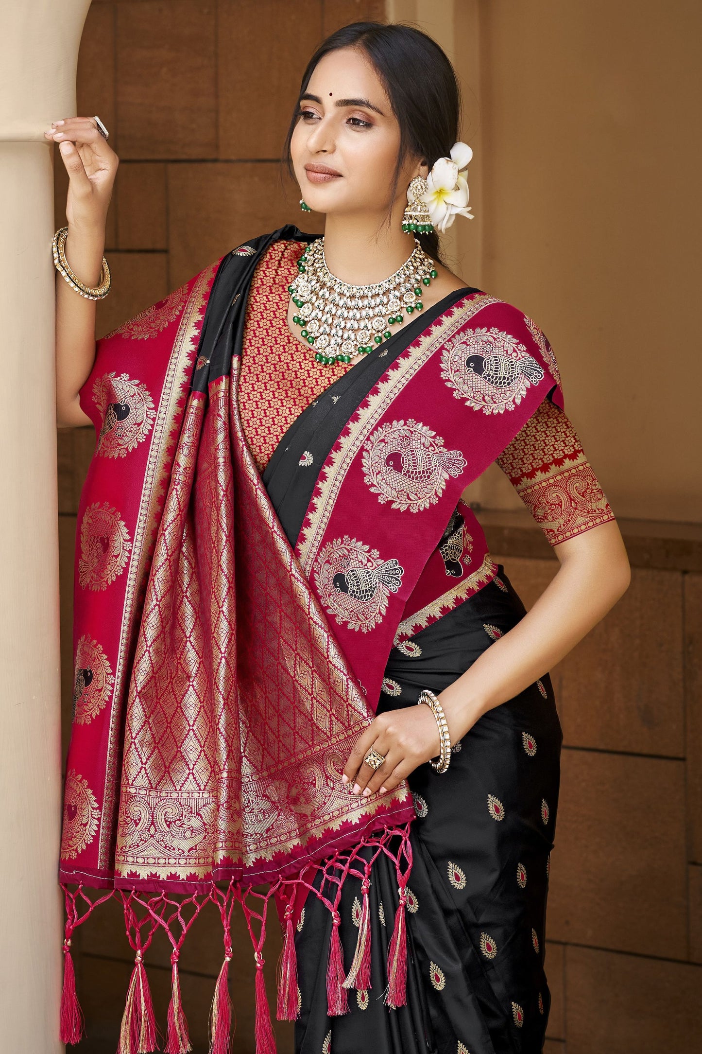 Black Rani Pink Banarasi Silk Saree Gold Zari Peacock Motifs Saree