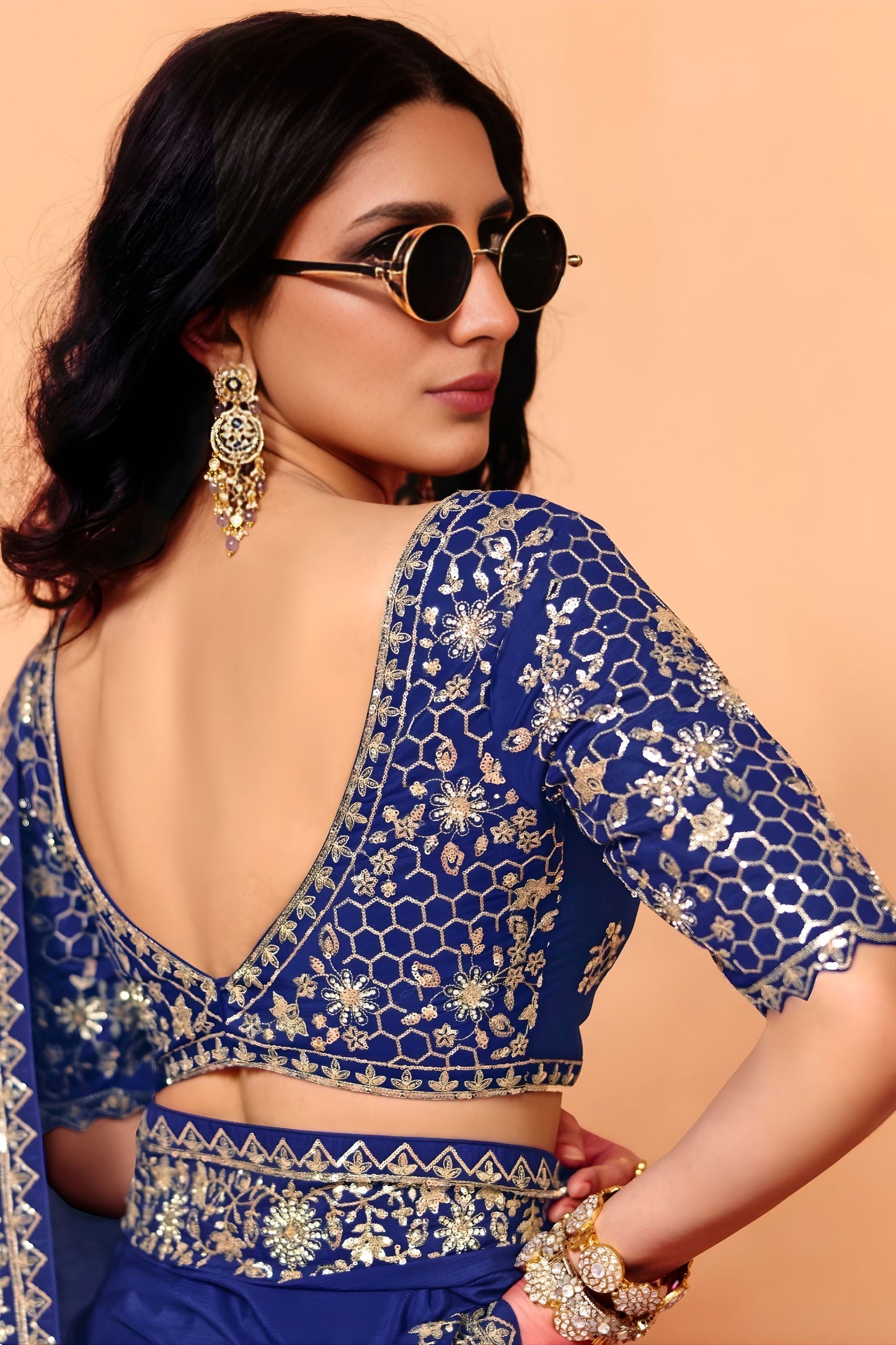 Royal Blue Embroidered Designer Silk Saree with Heavy Border Blouse Piece