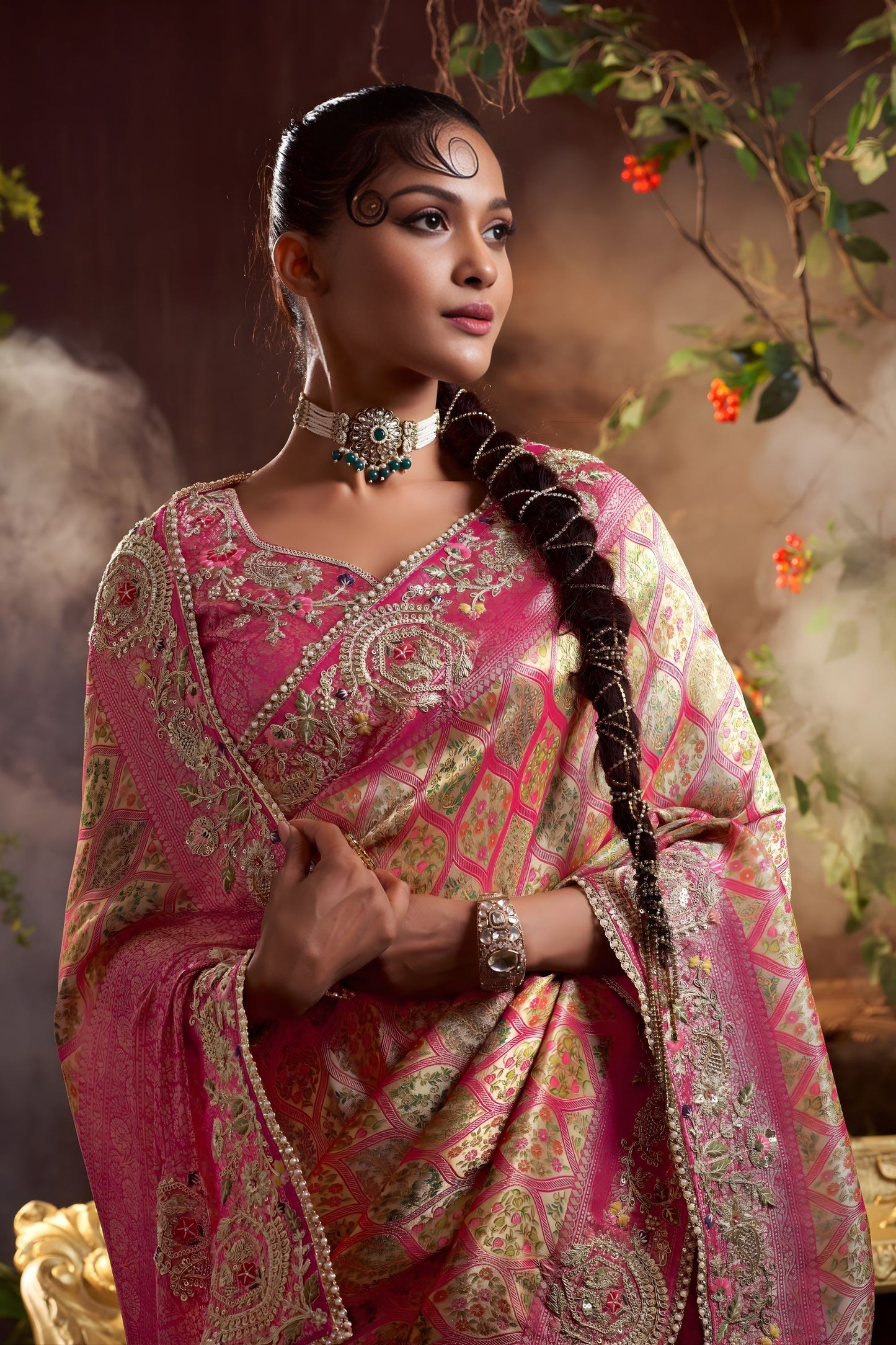 Pink Banarasi Silk Saree with Heavy Silver Zari Work Border