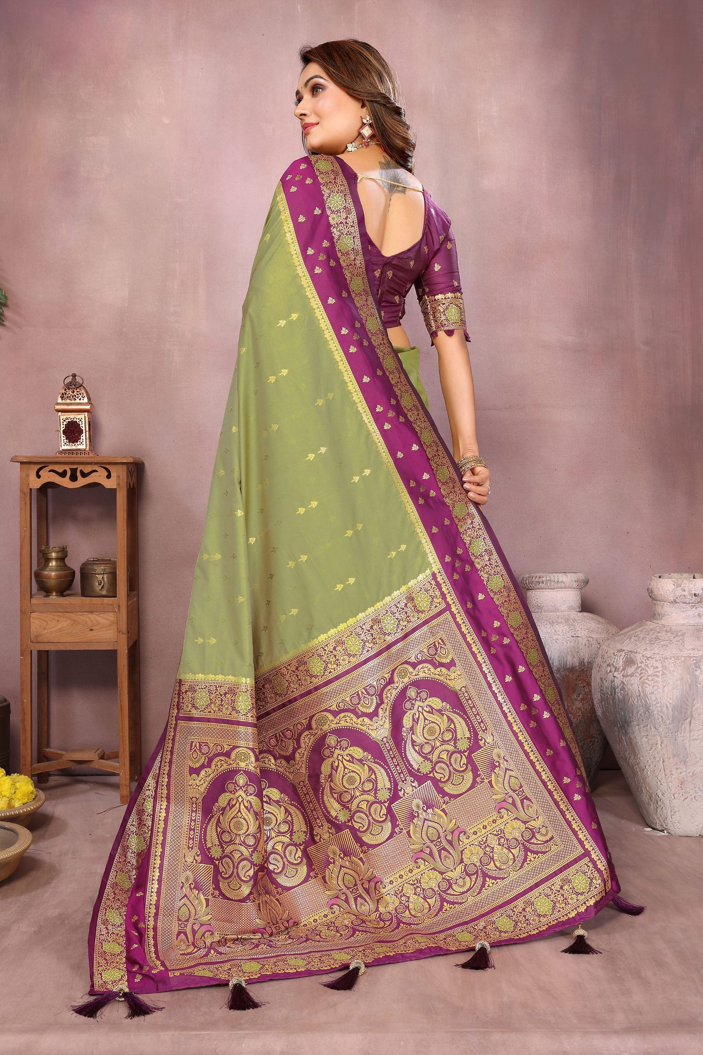 Olive Green Banarasi Silk Saree Purple Zari Woven Border Rich Pallu