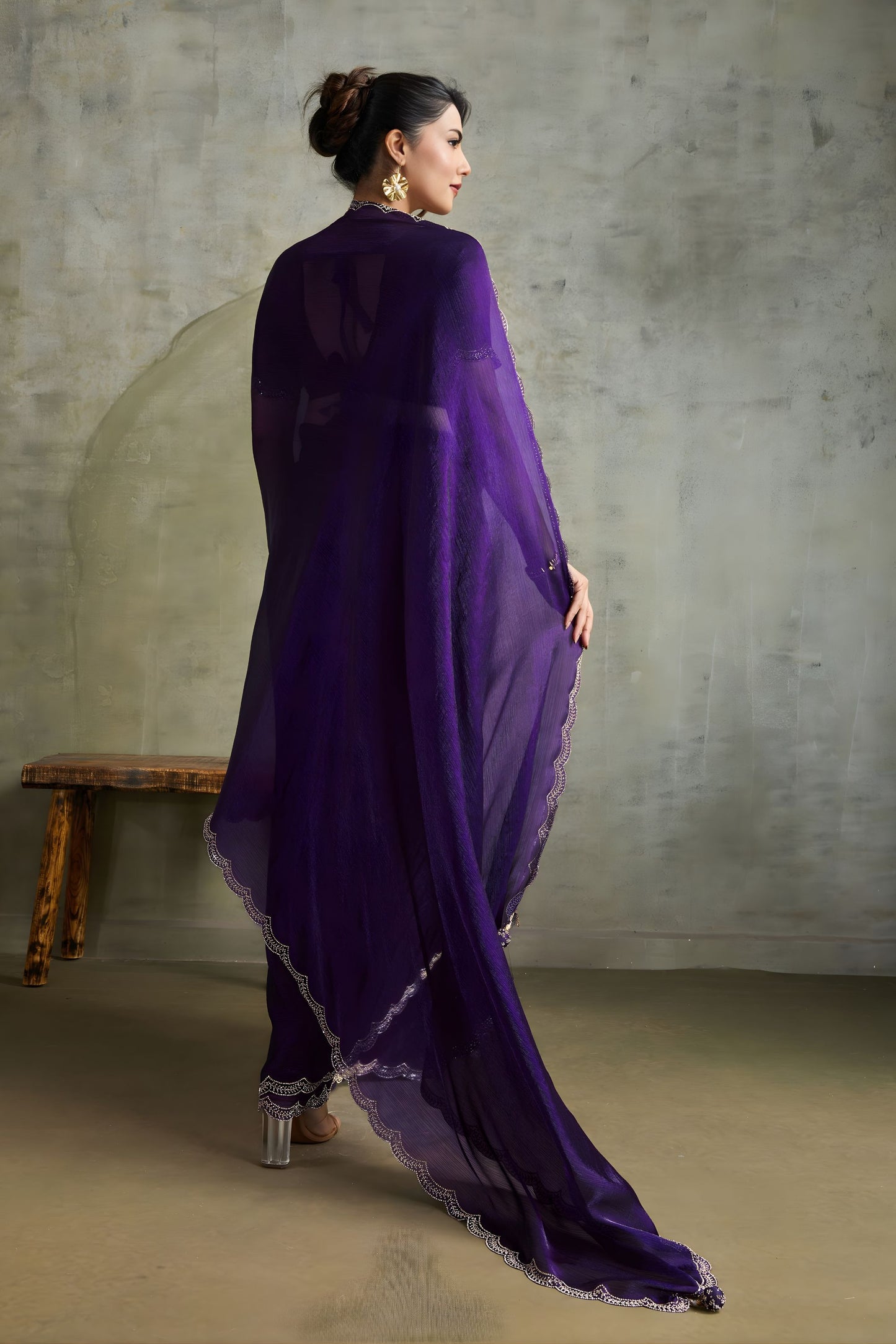 Deep Purple Chiffon Saree Zari Embroidered Blouse Designer Party Wear Saree